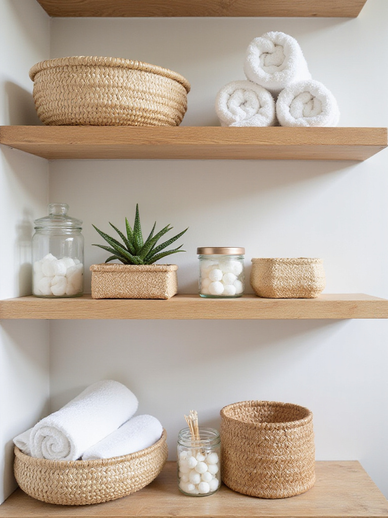 Bathroom shelves decorated with woven baskets holding towels, toiletries, and a small succulent.