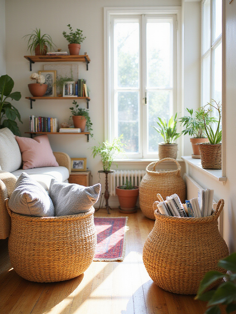 Boho living room with various woven baskets used for stylish storage solutions.
