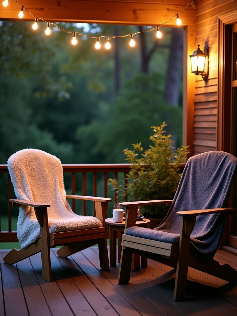 Cozy porch with Adirondack chairs and warm throw blankets for chilly evenings.