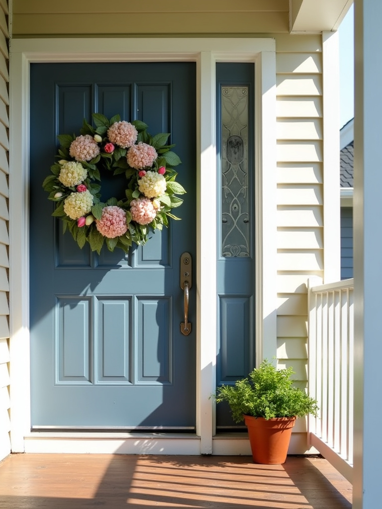 Spring wreath on blue front door enhances porch curb appeal