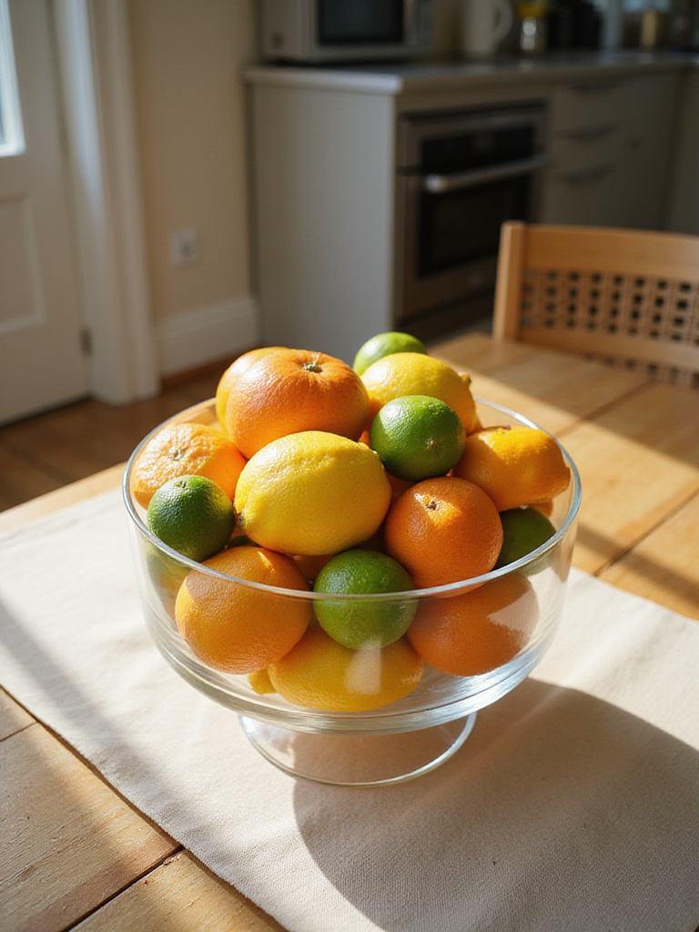 Vibrant citrus bowl centerpiece on a kitchen table, featuring lemons, limes, oranges, and grapefruits.