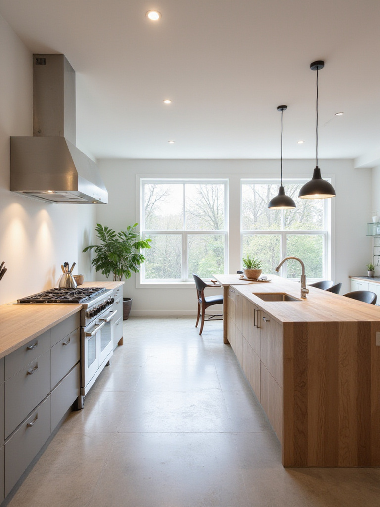 Contemporary kitchen with distinct cooking, prep, and socializing zones, showcasing efficient design.