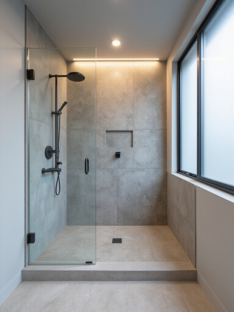 Contemporary bathroom featuring textured concrete shower wall.