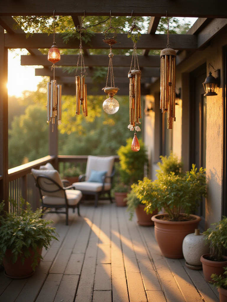 Decorative wind chimes hanging from a pergola and railing on a cozy outdoor deck during golden hour, adding gentle sound and visual interest to the space.