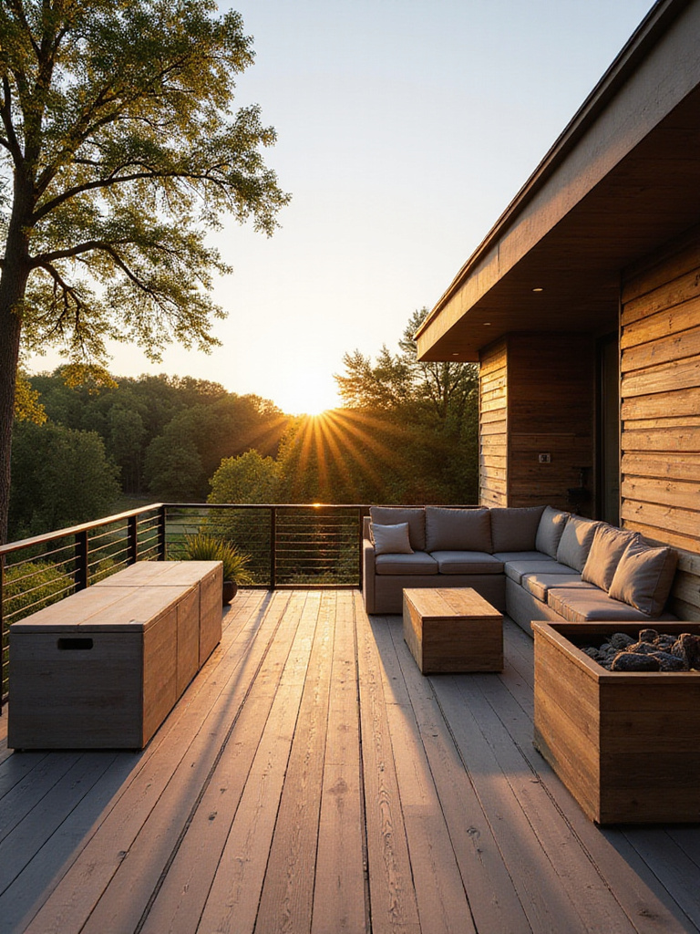 Stylish outdoor storage solutions on a modern deck, including a storage bench and storage coffee table, enhancing organization and design.