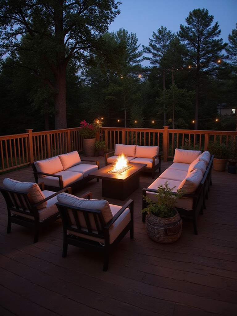 A cozy wooden deck at twilight featuring a modern fire table as the centerpiece, surrounded by comfortable outdoor lounge furniture and soft ambient lighting.