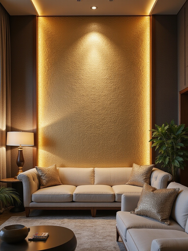 Luxury living room with gold textured wallpaper feature wall