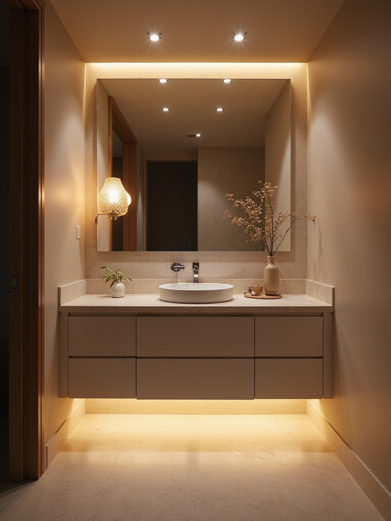 Modern bathroom with layered ambient lighting, including recessed lights, LED strip lighting under the vanity, and a wall sconce.