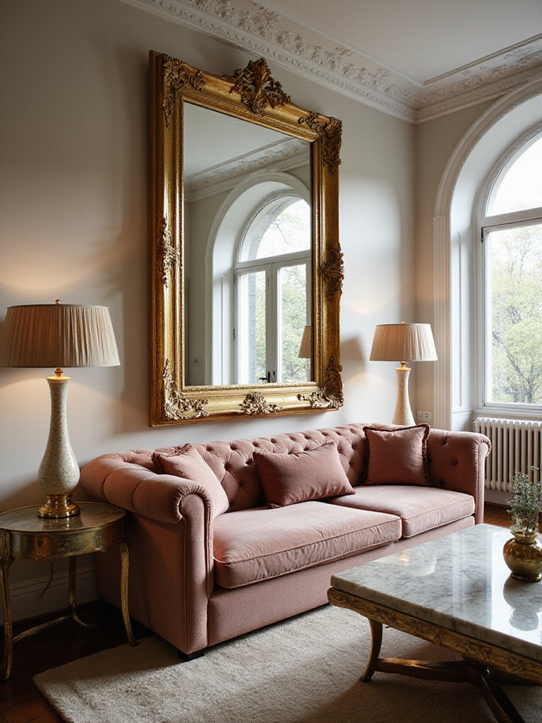 Luxurious living room with a large statement mirror reflecting light and space.