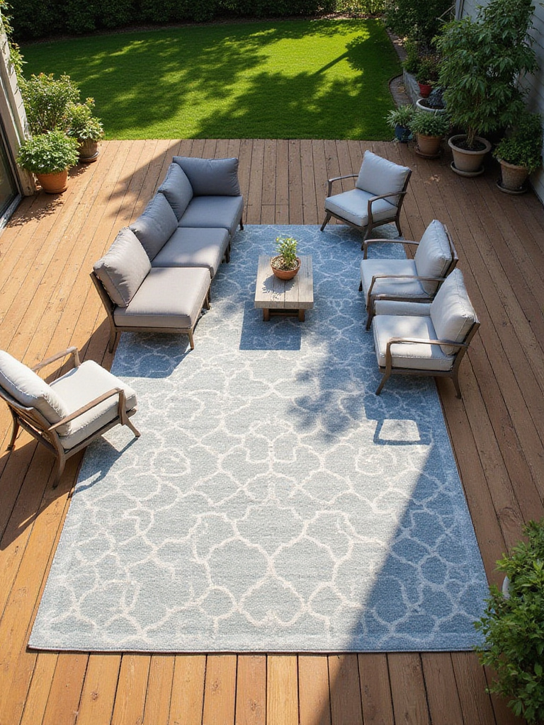 A spacious wooden deck featuring a large blue and grey geometric outdoor rug anchoring a comfortable seating area with outdoor furniture and potted plants under warm afternoon light.