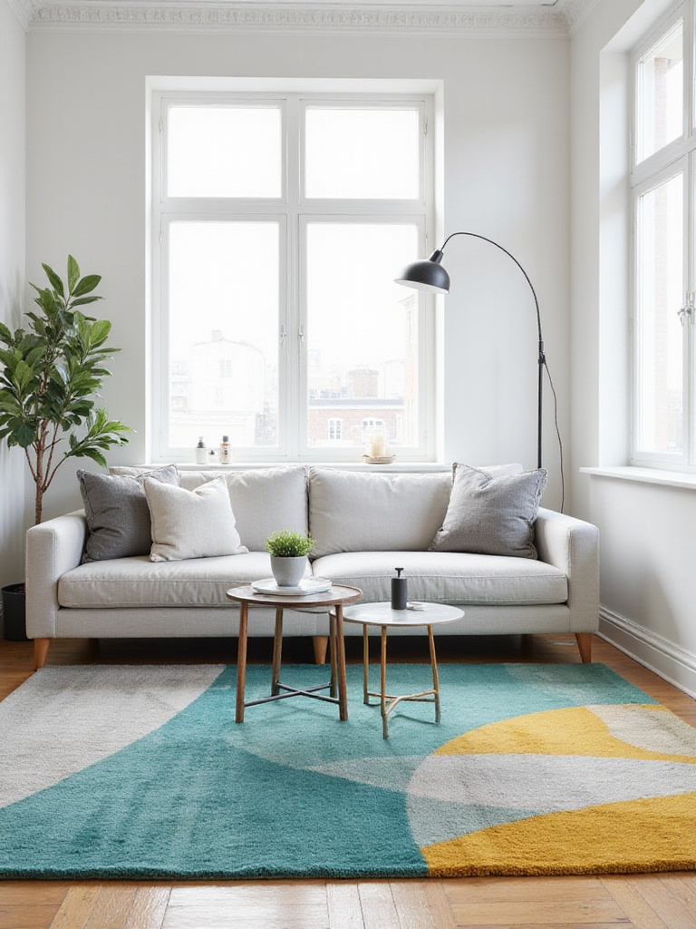 Modern living room with light gray sectional sofa and vibrant geometric rug.
