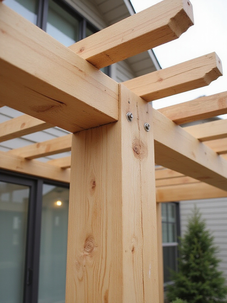 Close-up of an attached pergola connection to a house, showcasing the structural details and weatherproofing