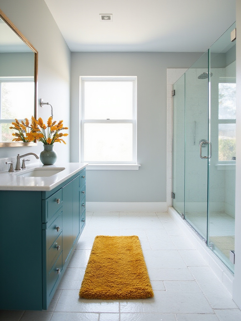 Contemporary bathroom with gray walls, white tile floor, and a teal vanity with orange and yellow accents