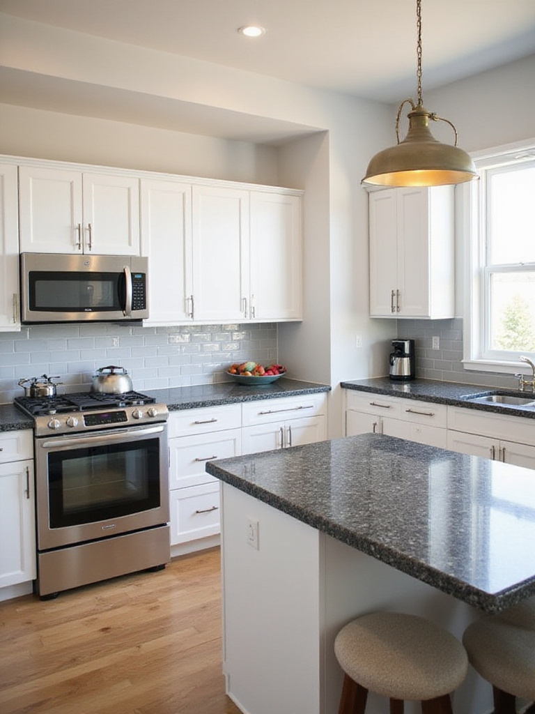 White kitchen with black granite countertops and stainless steel appliances.