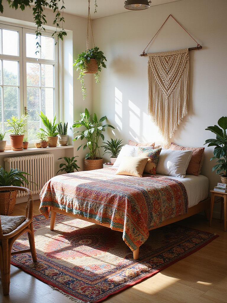 Bohemian bedroom with macrame wall hanging, layered rugs, and colorful textiles