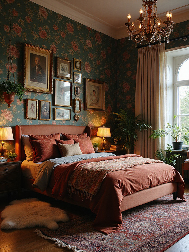 Maximalist bedroom with bold colors, patterned wallpaper, and layered textures.