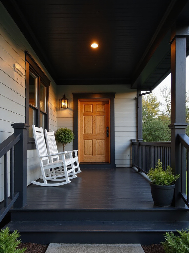 Black painted porch with white rocking chairs and natural wood door
