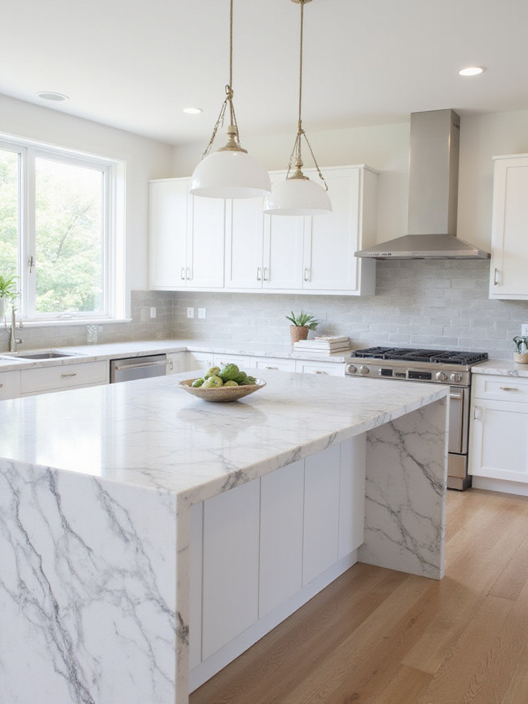 Modern kitchen with white shaker cabinets and a bold Calacatta-style quartz countertop with waterfall edge on the island.