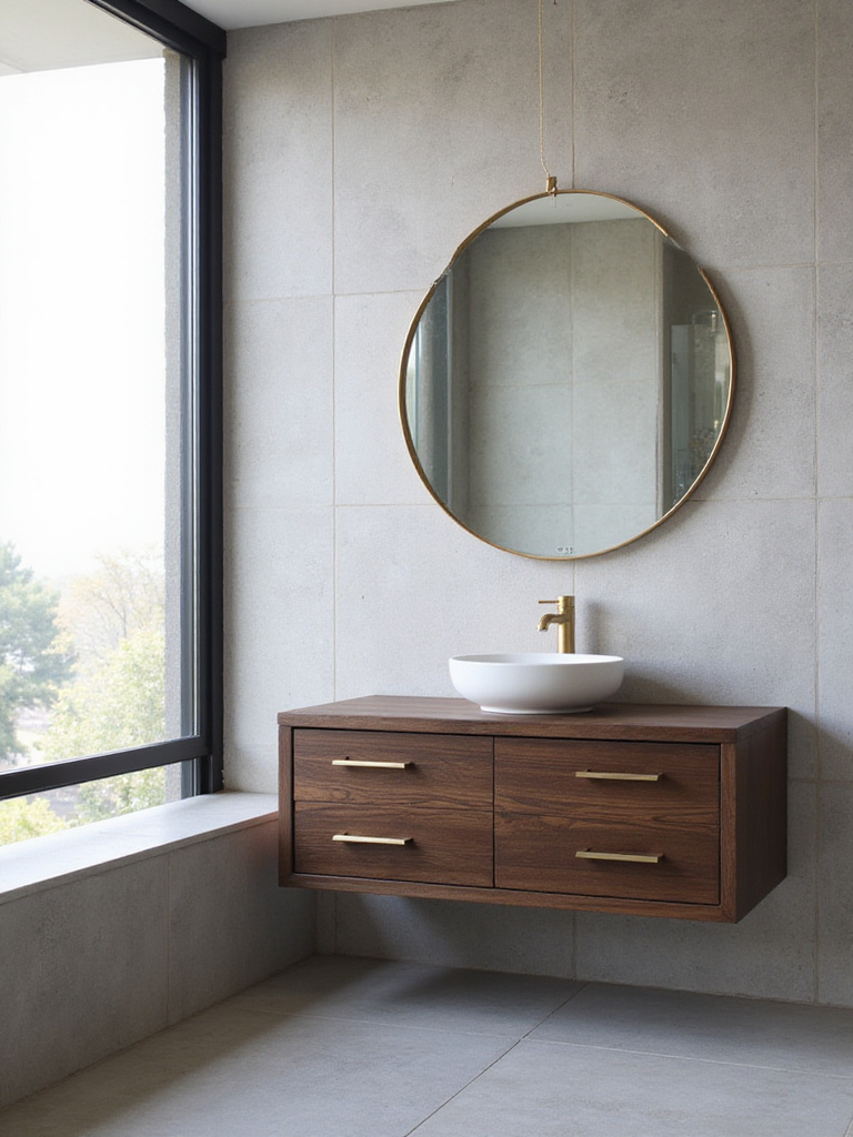 Modern bathroom vanity with brushed brass hardware and a gold-framed mirror.