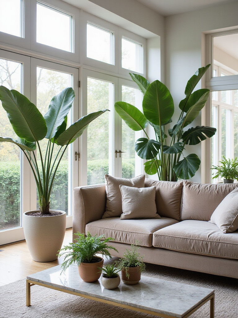 Luxury living room with lush indoor plants in chic planters, bathed in natural light.