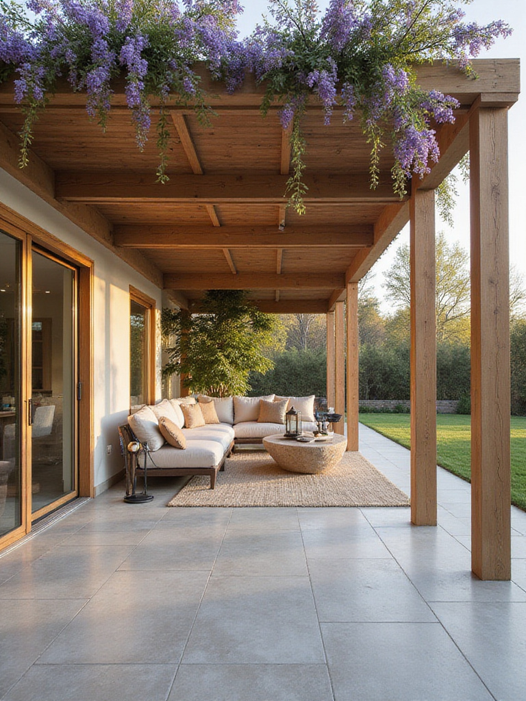 Modern living room extending to a patio with a light wood pergola.
