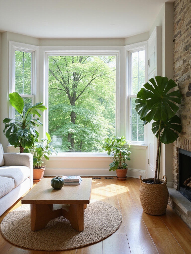 Living room with lush greenery and natural elements, creating a fresh and inviting space.