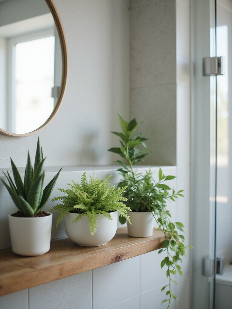 Contemporary bathroom with lush greenery on a floating shelf