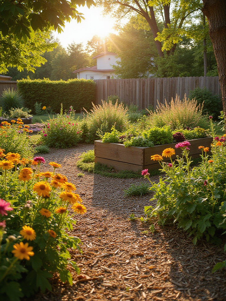 Budget-friendly backyard garden with wildflowers, wood chip path, and reclaimed wood raised beds.
