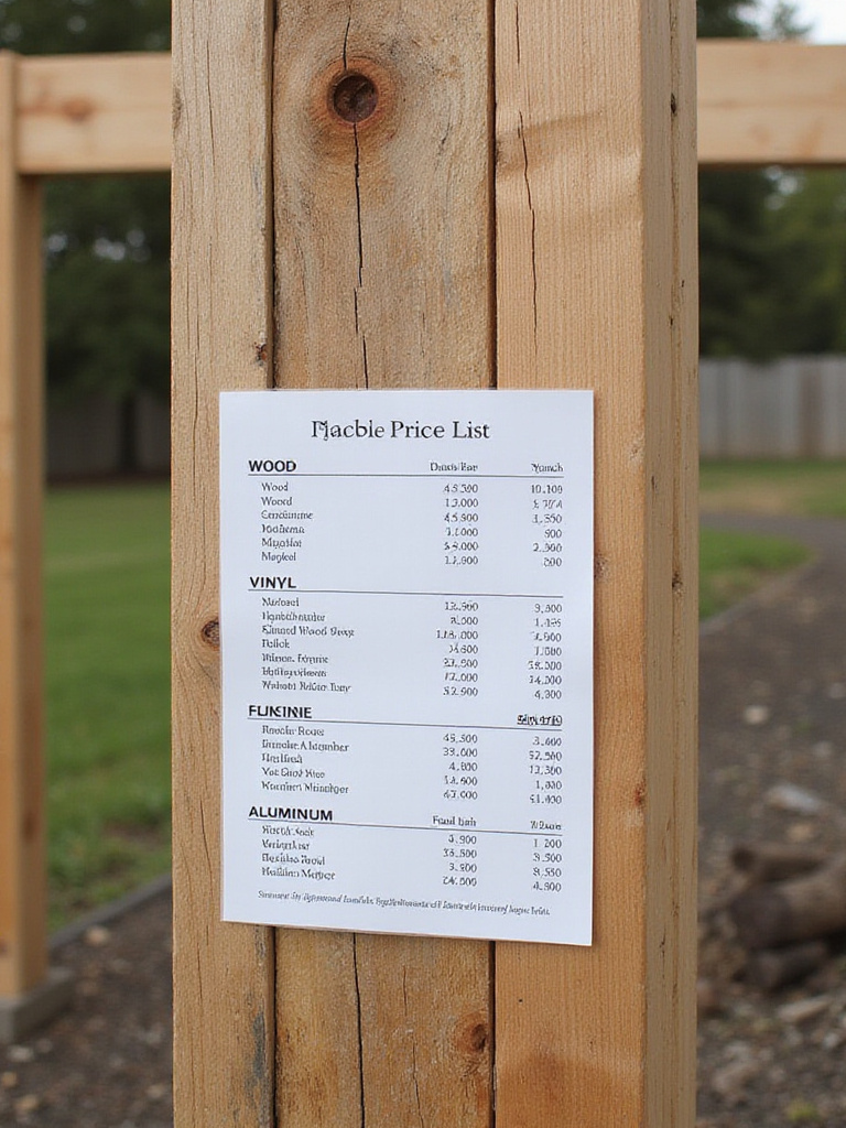 Pergola price list showing material options and costs