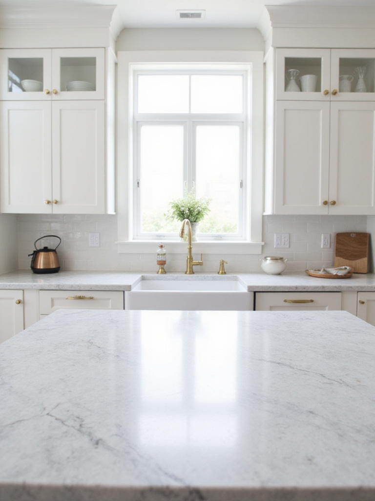 White kitchen cabinets with budget-friendly marble-look laminate countertops