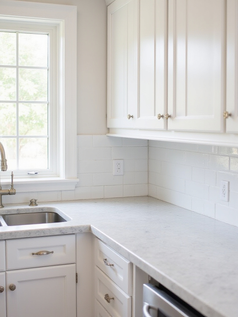 White kitchen with marble-look laminate countertops