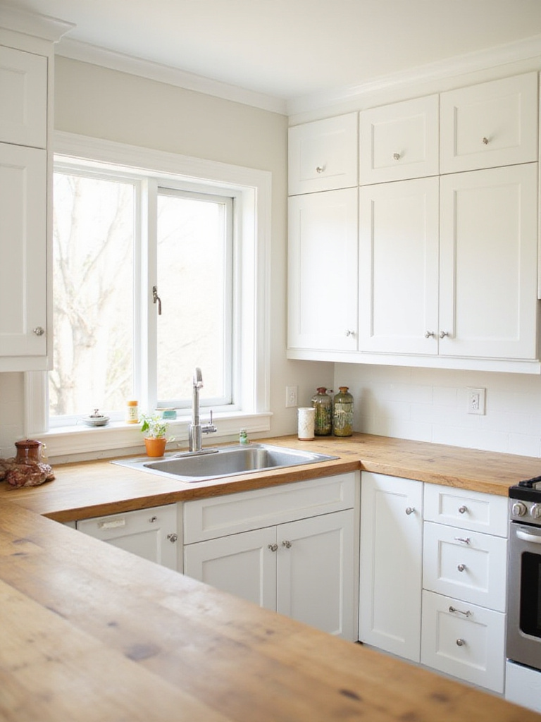 Kitchen with white cabinets and butcher block countertops