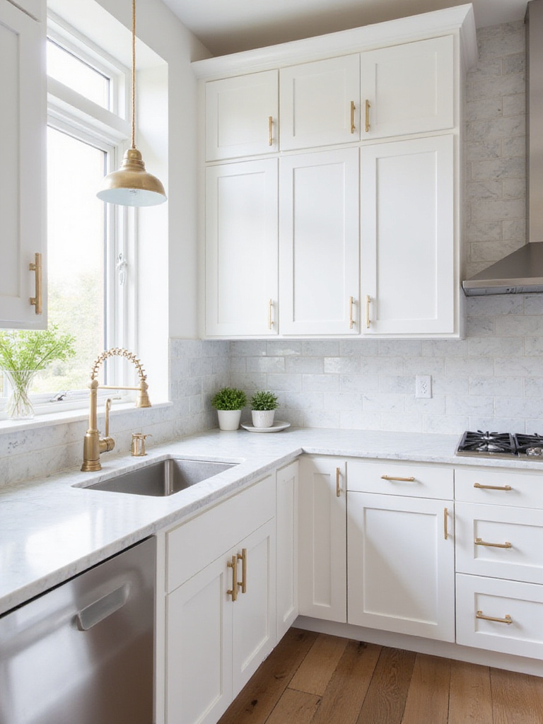 Carrara marble countertops with white shaker cabinets in a bright kitchen