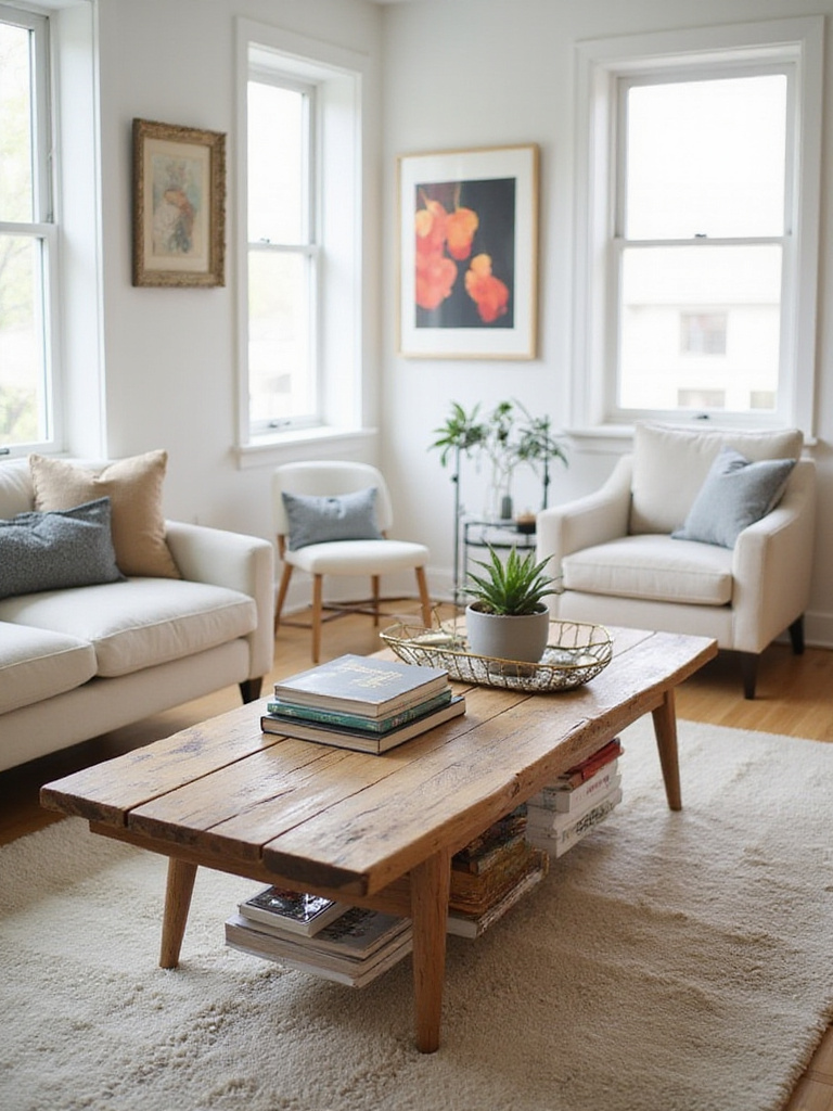 Living room with a reclaimed wood coffee table styled with books, a succulent, and decorative objects.