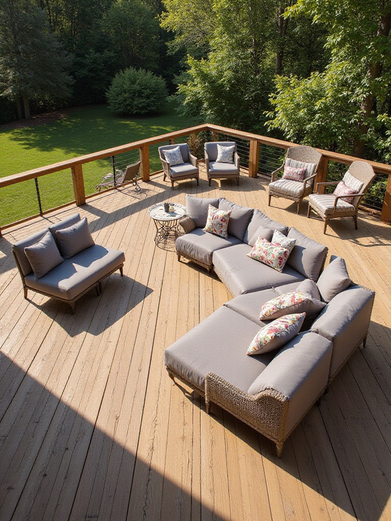 Stylish and comfortable outdoor seating on a modern wooden deck, featuring a sectional sofa, armchairs, and a bistro set under warm afternoon light.