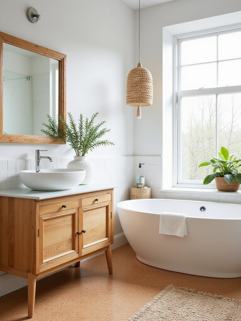 Contemporary bathroom with bamboo vanity, recycled glass countertop, and cork flooring, showcasing sustainable design.
