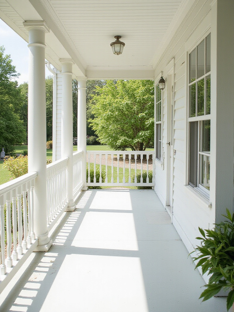 Classic white porch with lush green landscaping