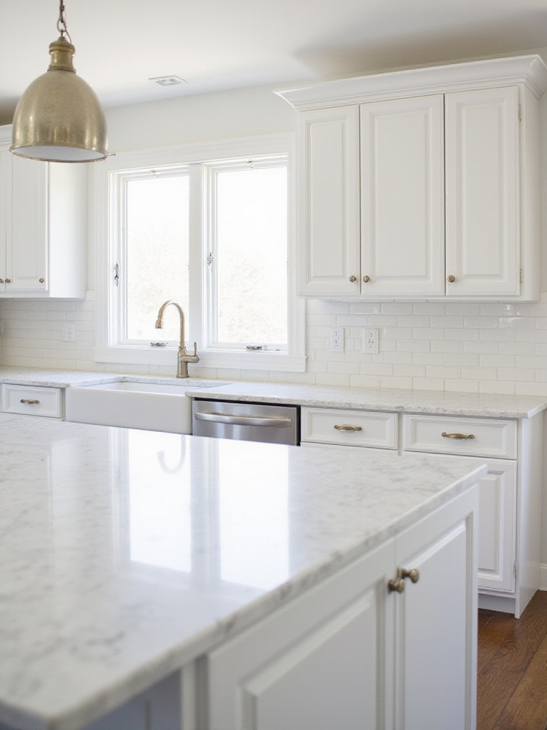 White kitchen with white shaker cabinets and classic white quartz countertop with gray veining