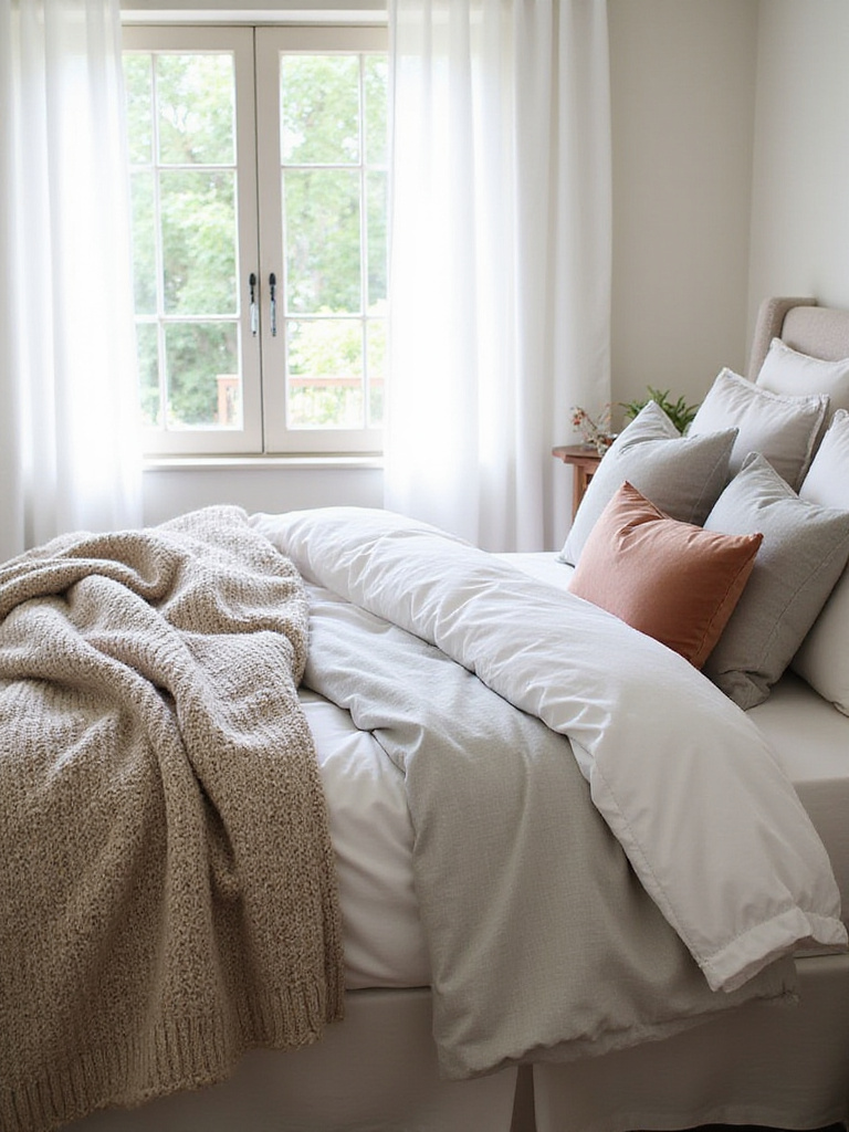 Layered bedding in a relaxing bedroom setting.