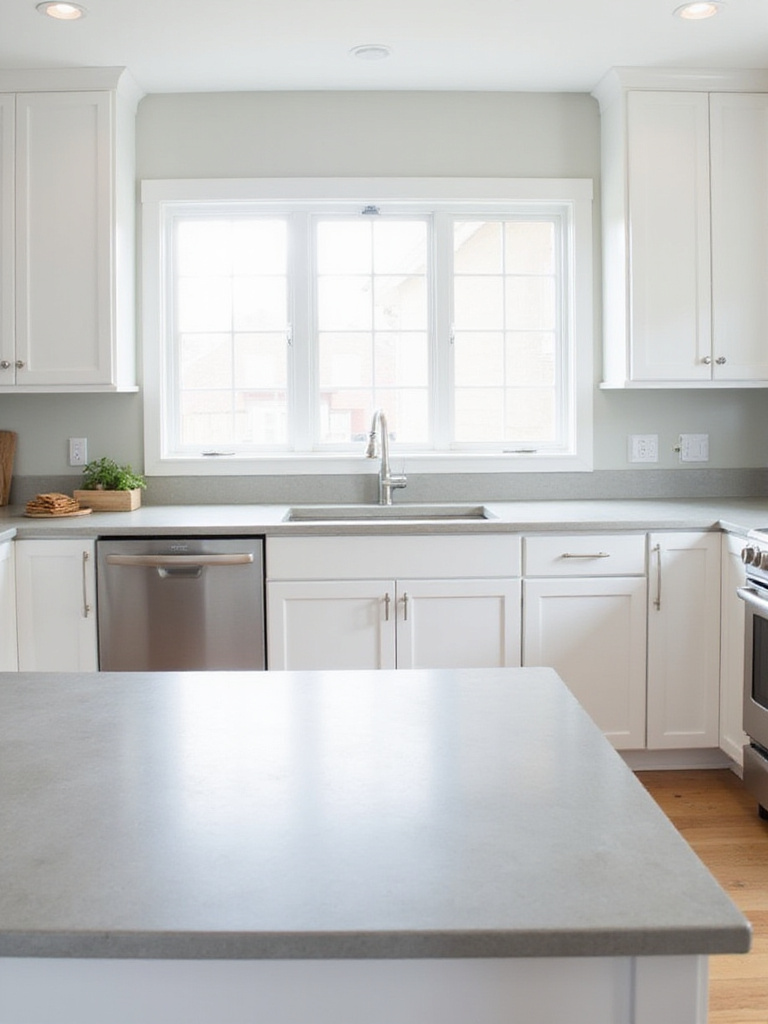 Modern white kitchen with sleek concrete countertops