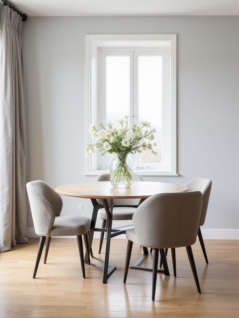 Modern dining room with round dining table and neutral chairs