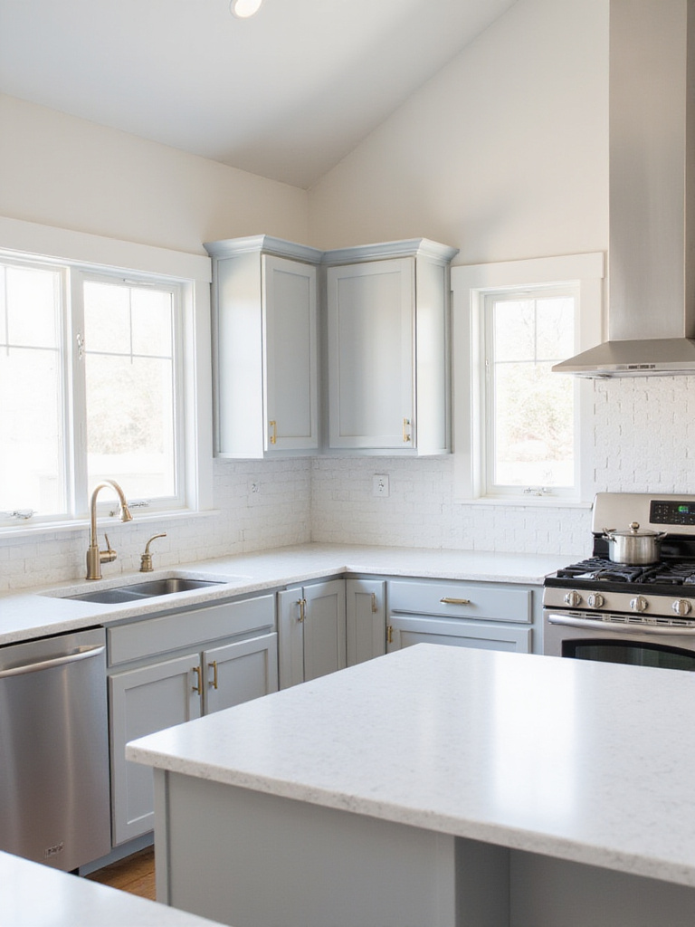 Modern kitchen with light gray cabinets and white quartz countertops