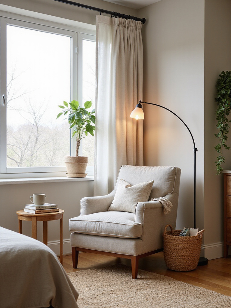 Cozy bedroom reading nook with linen armchair, soft lighting, and a patterned rug.
