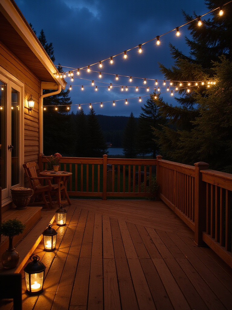 Deck illuminated at dusk with warm string lights strung overhead and along railings, and lanterns placed on steps and tables, creating a cozy outdoor living space.