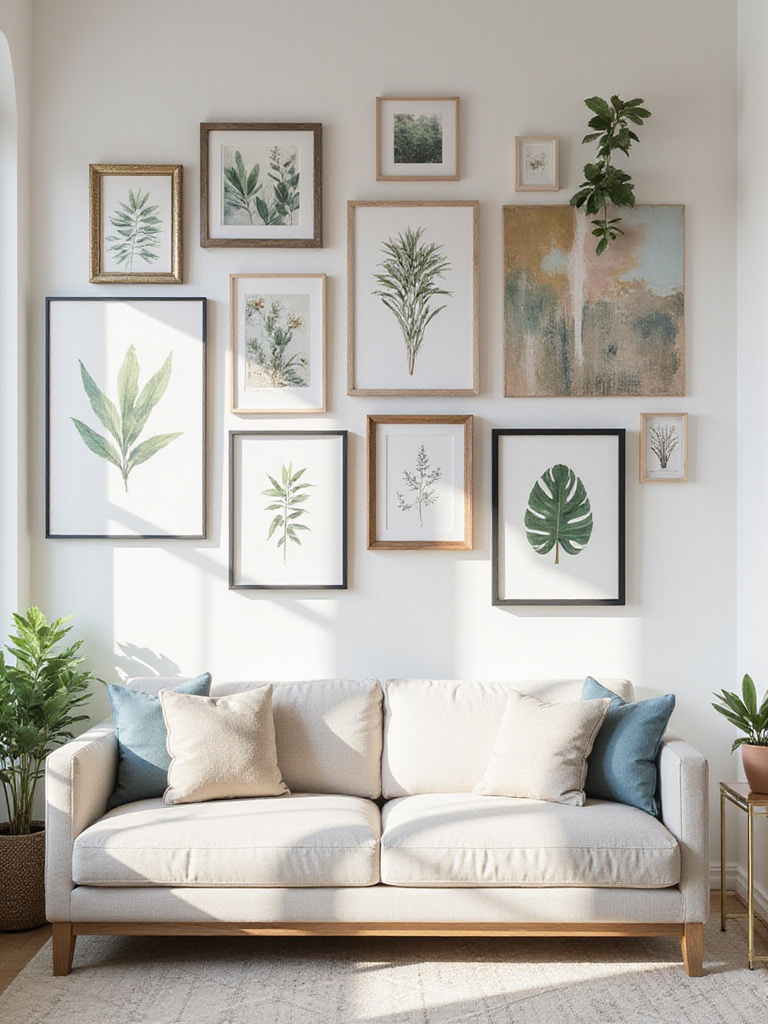 Living room with captivating gallery wall featuring art and photos.