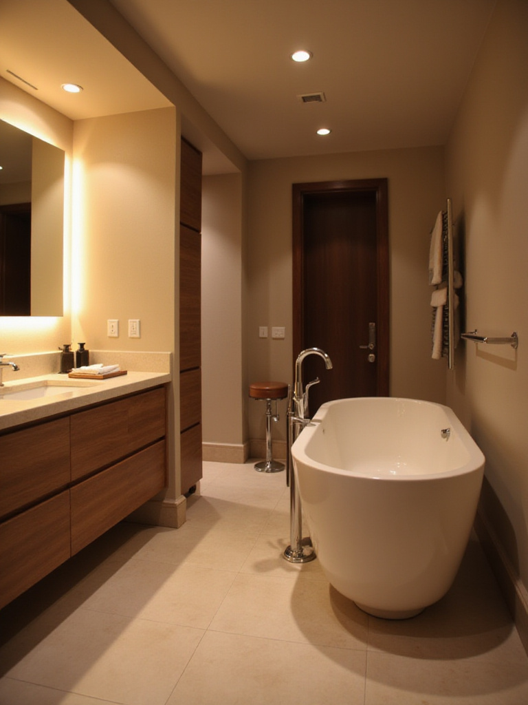 Contemporary bathroom with layered warm lighting featuring backlit mirror, recessed lights, and a freestanding tub.
