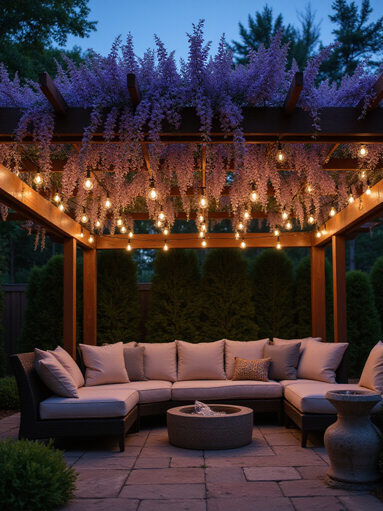 Relaxing patio pergola with comfortable seating, string lights, and a water feature, creating an outdoor oasis.