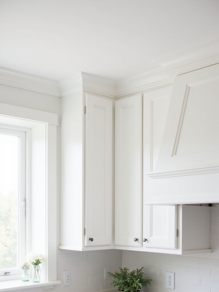 Kitchen cabinets with white crown molding.