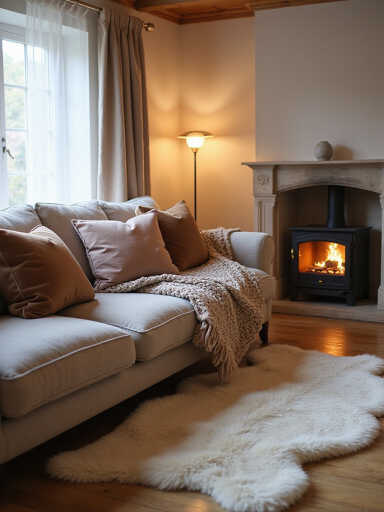 Cozy living room with soft lighting and inviting textures, including a chunky knit blanket, velvet cushions, and a sheepskin rug.