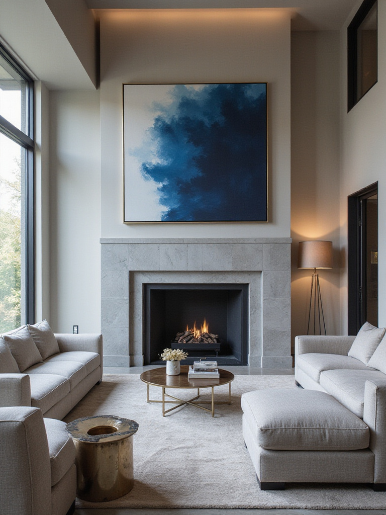Luxury living room with abstract art painting above fireplace